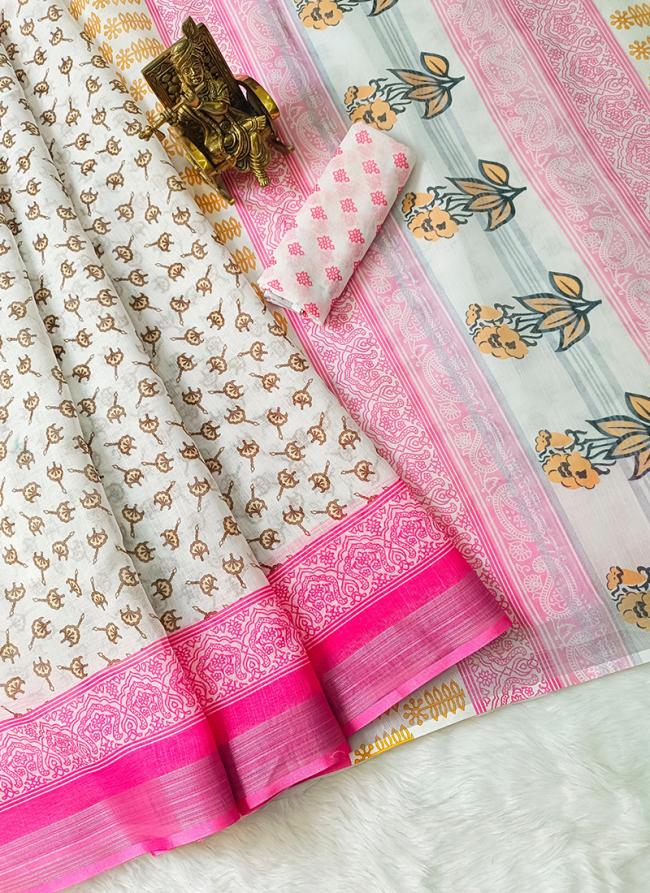 Linen Cotton White Casual Wear Printed Saree